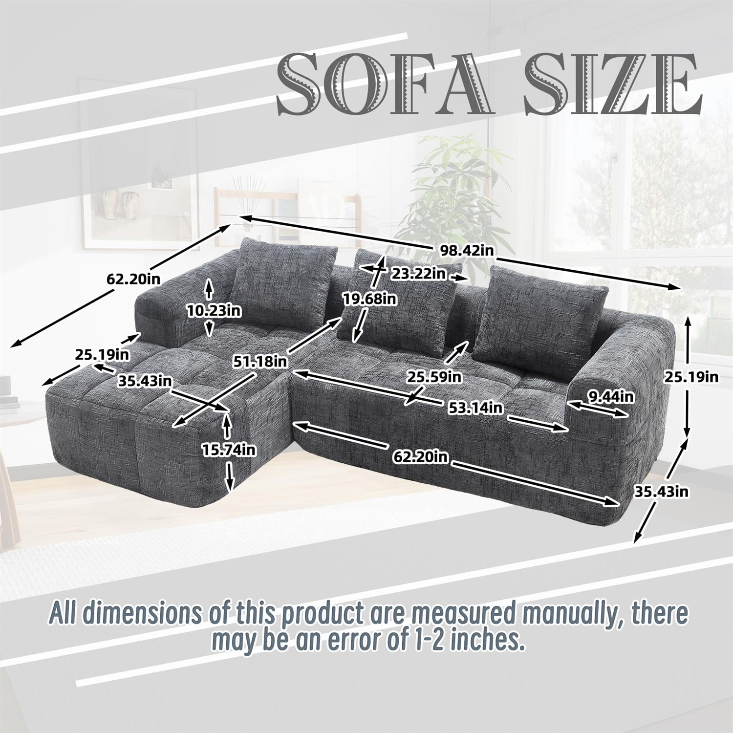 Demi Bonn 98" L-Shaped Modular Sectional Sofa with Chaise, Side Pockets, Modern Comfort Couch, Compression-Free Installation for Living Room, Gray