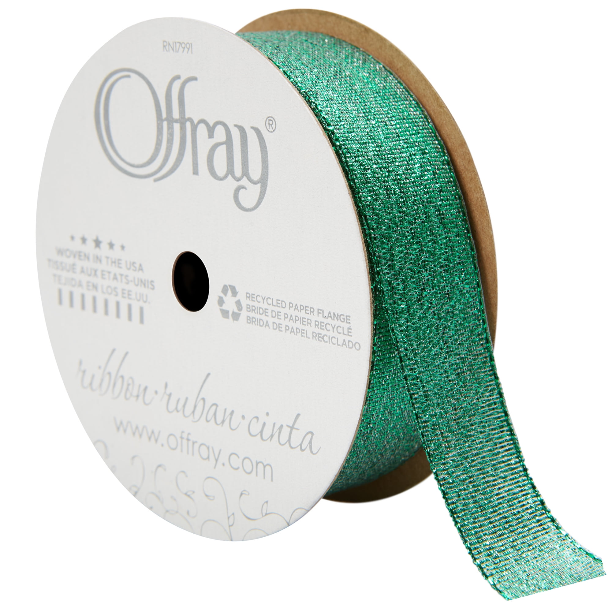 Offray Ribbon, Emerald Green 7/8 inch Galena Metallic Ribbon, 9 feet