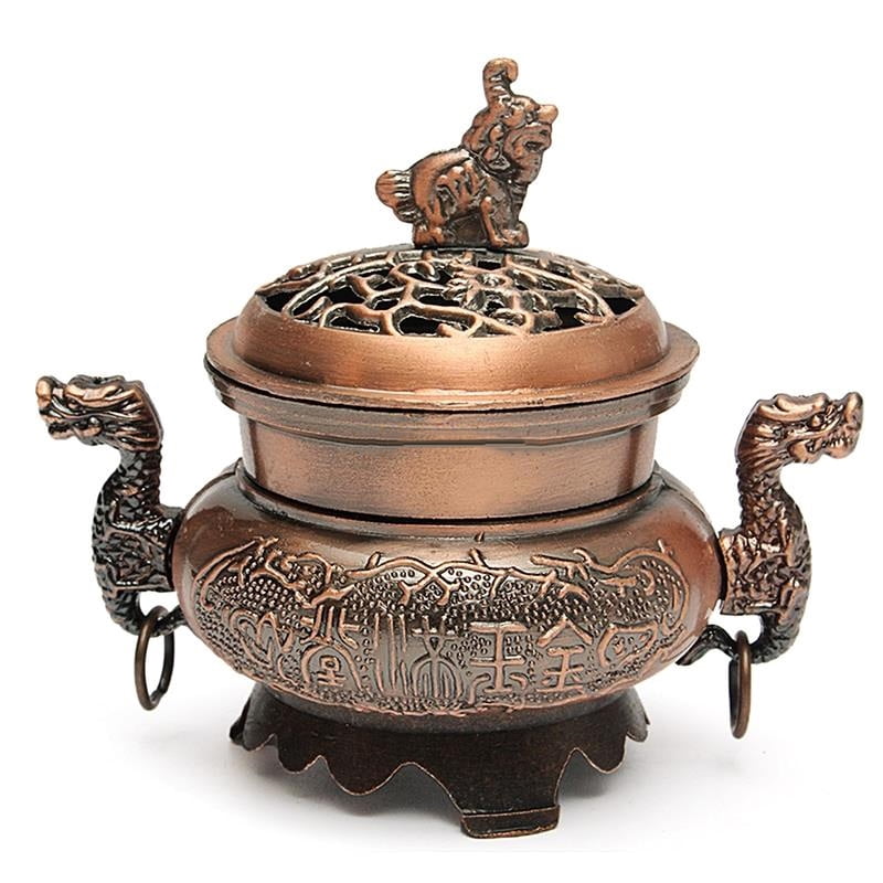 Alloy Incense Burner Double Dragon Hollow Cover Censer Cone Holder Stove Gift 