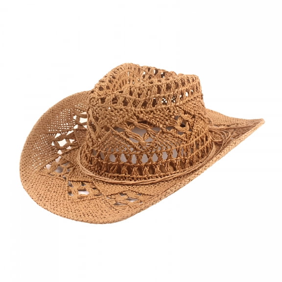 TELOLY Men Women'S Summer Western Cowboy Straw Hat Hollow Out Woven Wide Brim Sun Hat Straw Cowboy Hat