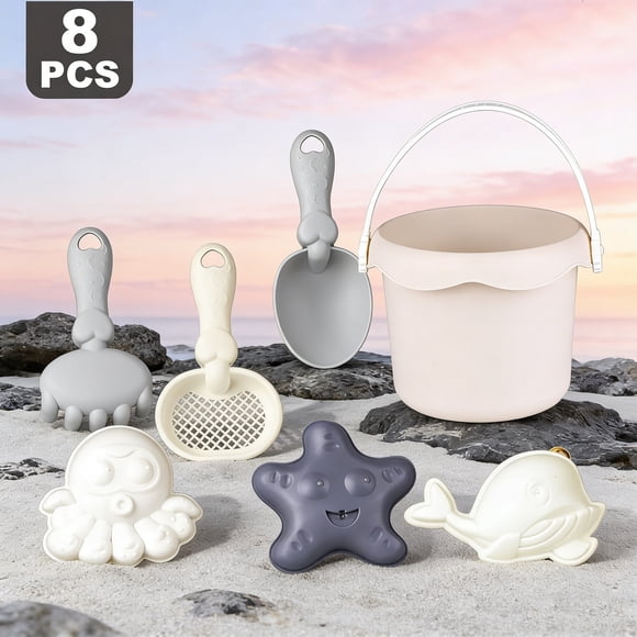 JJV 8 Pcs Multicolor Plastic Beach Toys Set Includes Castle Molds Shovels Sifters Bucket Crab and Aquatic Animal for Sand Outdoor Summer Vacation Recreation Portable