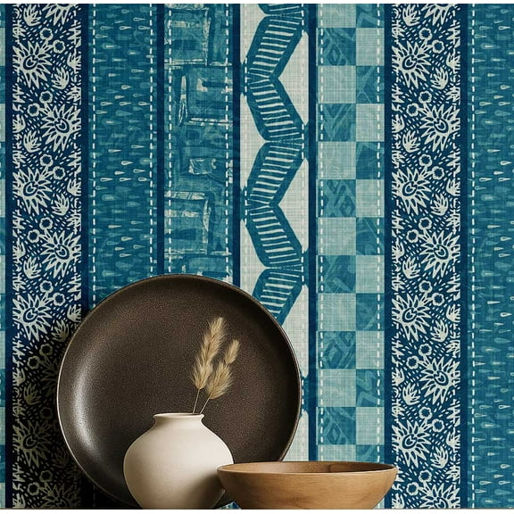 S4Sassy Striped Block Print Wallpaper - Asian Style Wall Covering, 25" X 120" Self-Adhesive Plain Vinyl Wallpaper, Decorative Wallwrap, Easy Diy Wall Covering For Bedroom, Living Room - Teal
