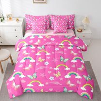 Manfei Flying Butterflies Bedding Comforter Set 7 Pieces for Preppy Child,Cartoon Rainbow Flower Full Bedding Set Lightweight,Dreamy Princess Fitted Sheet Flat Sheet,Luxury Bedroom Decor,Reversible