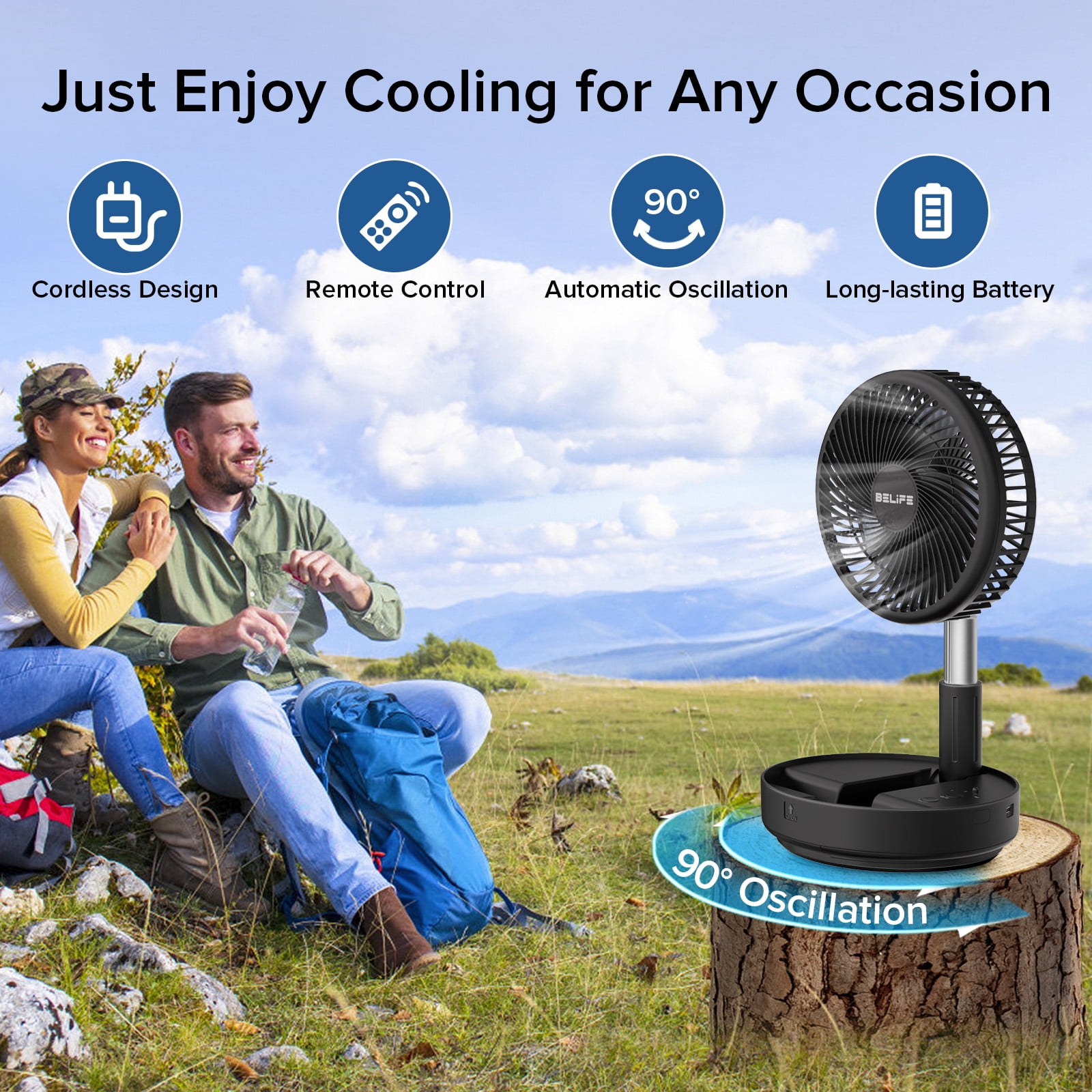 Belife X8 Portable Fan, 7200mAh Battery Powered Fan Rechargeable, Oscillating USB Desk Floor Fan with Remote, Foldable Telescopic Fan for Home Bedroom Sleeping Office Camping Travel, 7.7" (Black)
