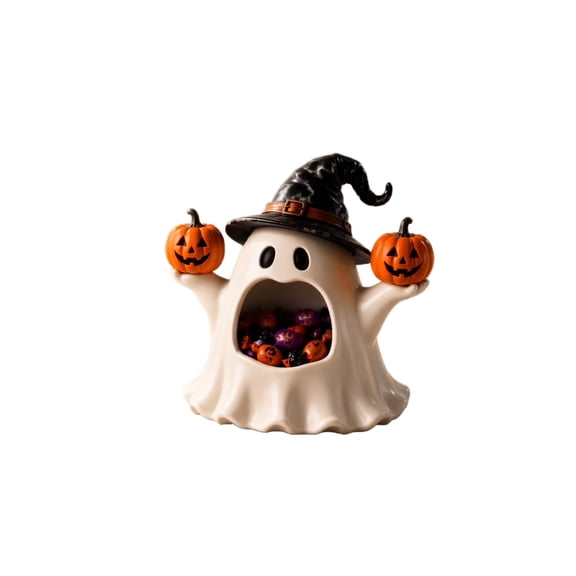 Halloween Ghost Candy Jar with Lid, Resin Lidded Storage Container for Desk Shelf Mantel Party Table Centerpiece Display, Hand-Painted White Finish, 9.1 Inch Spooky Accent