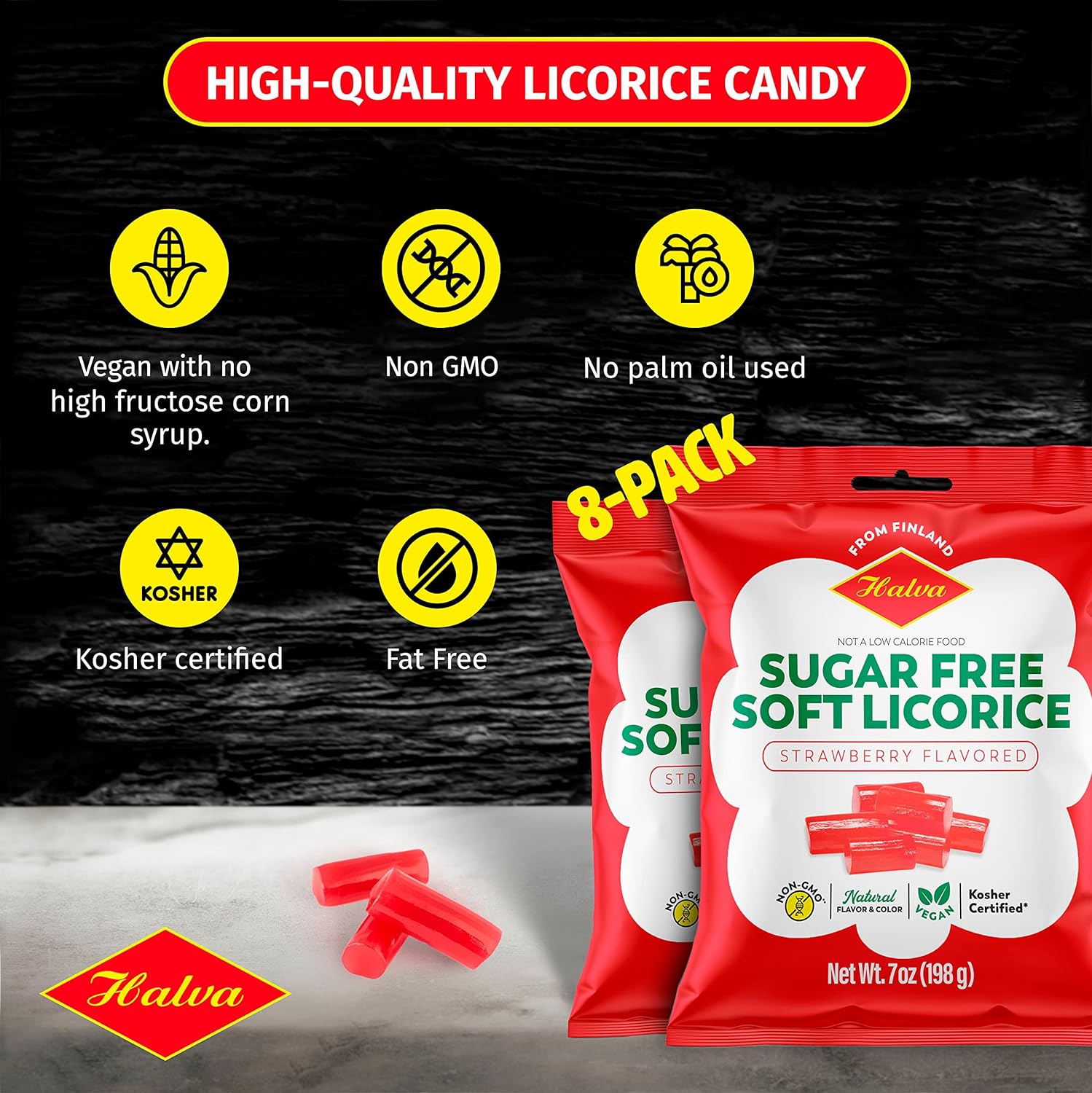 Halva Sugar-Free Soft Licorice Strawberry Flavored, 3 Oz Bag(PACK OF 8)