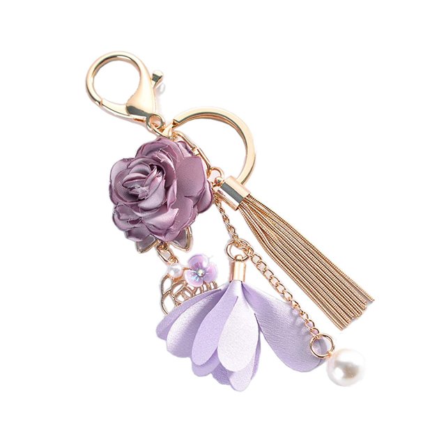 Llavero con flecos de flores Soporte para llavero de coche con perla sintética Cartera Colgante de bolso (morado)