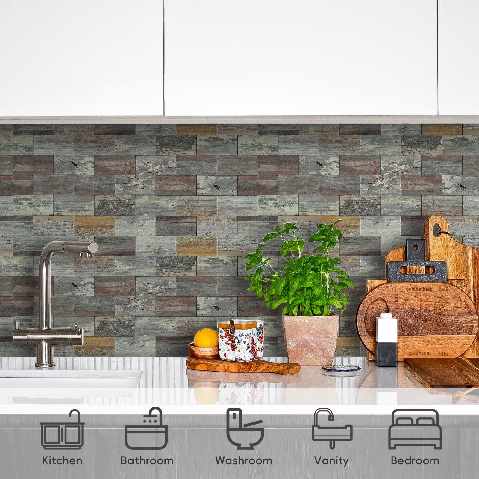 12-Sheet Subway Tile Peel and Stick Backsplash, 11.8" x 11.8" Self Adhesive PVC Wall Tiles for Kitchen Fireplace (Vintage Wood Grain)