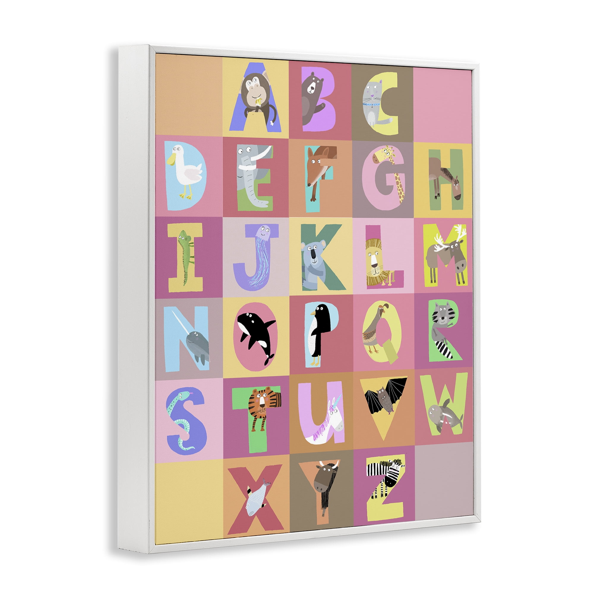 Stupell Industries Animal Alphabet in Pink White Framed Giclee Art, design by Carla Daly