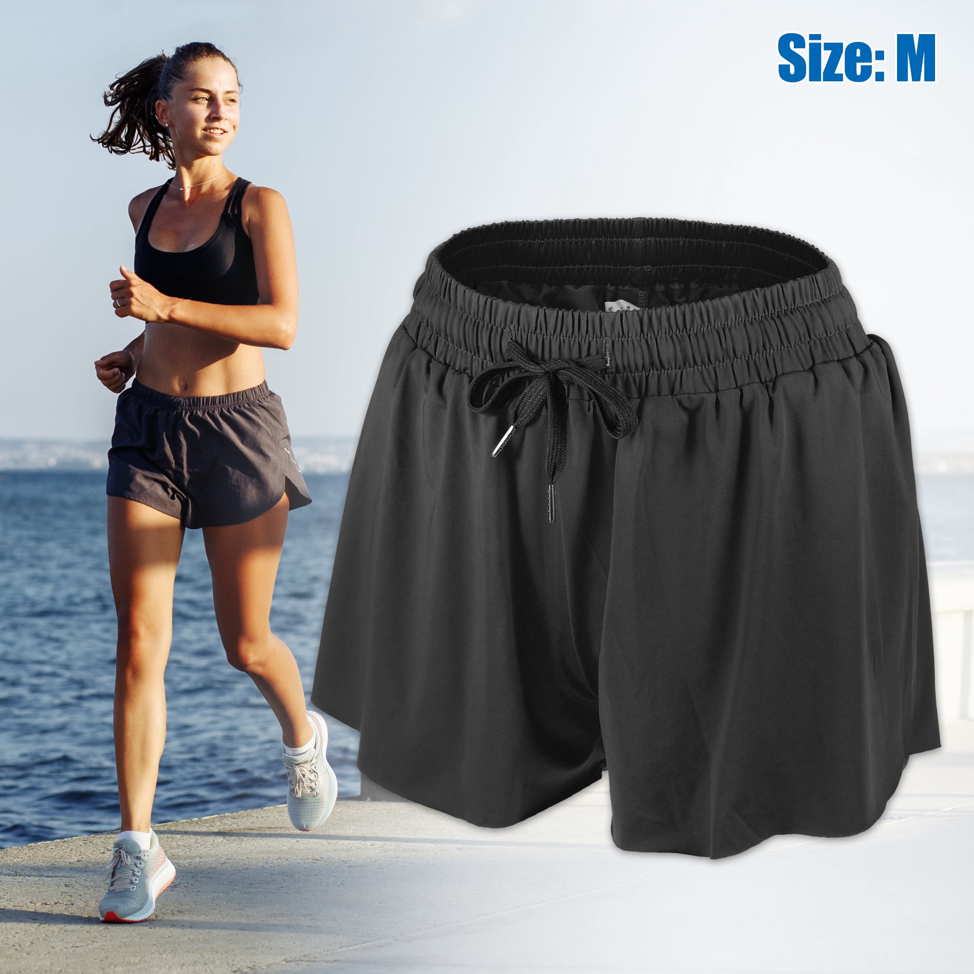 Unique Bargains 1Pcs Women Flowy Running Shorts Casual High Waisted Workout Shorts M Black