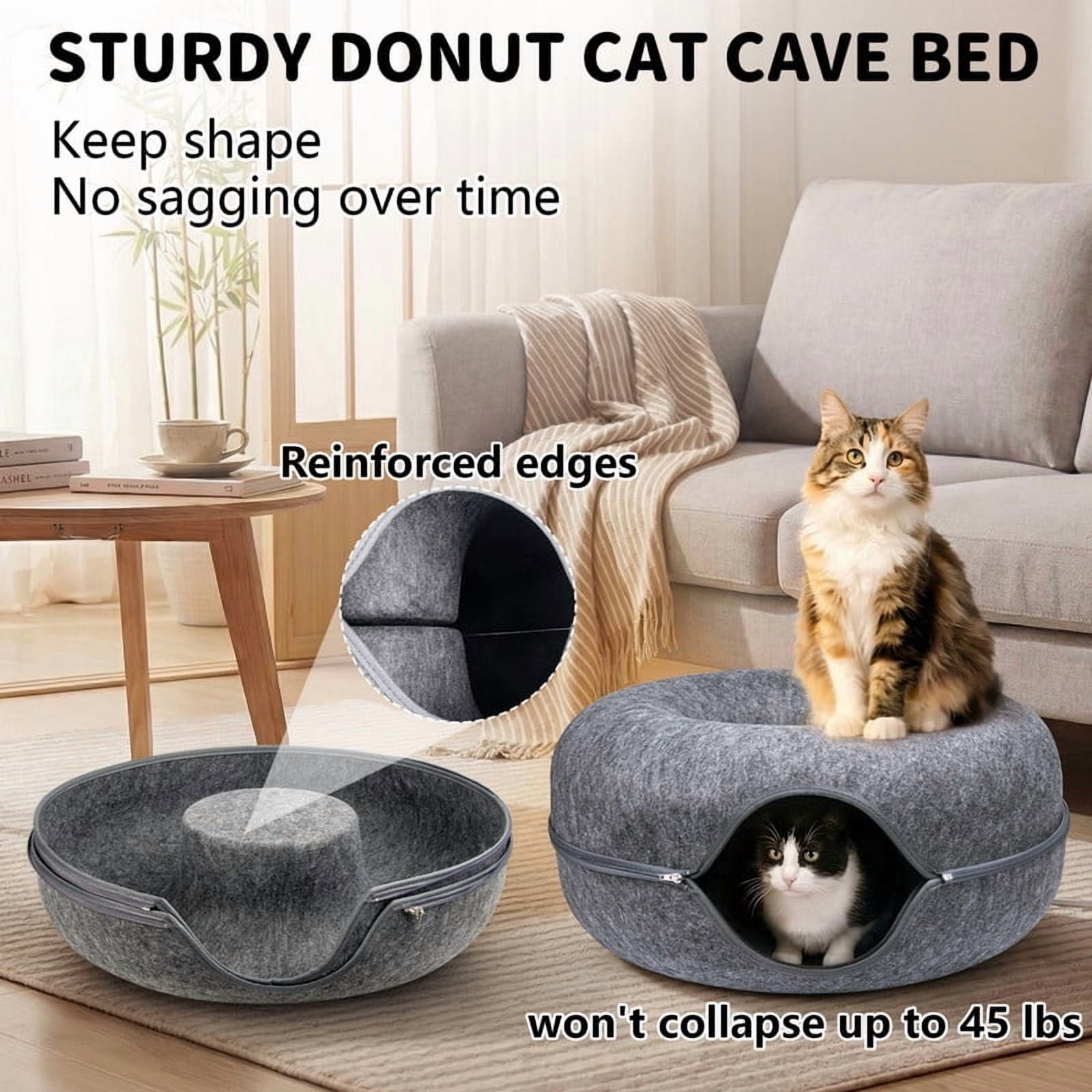 2-Pack 24" Cat Cave Bed for Large Cats – Felt Cat Tunnel Bed, Dark Gray & Gray