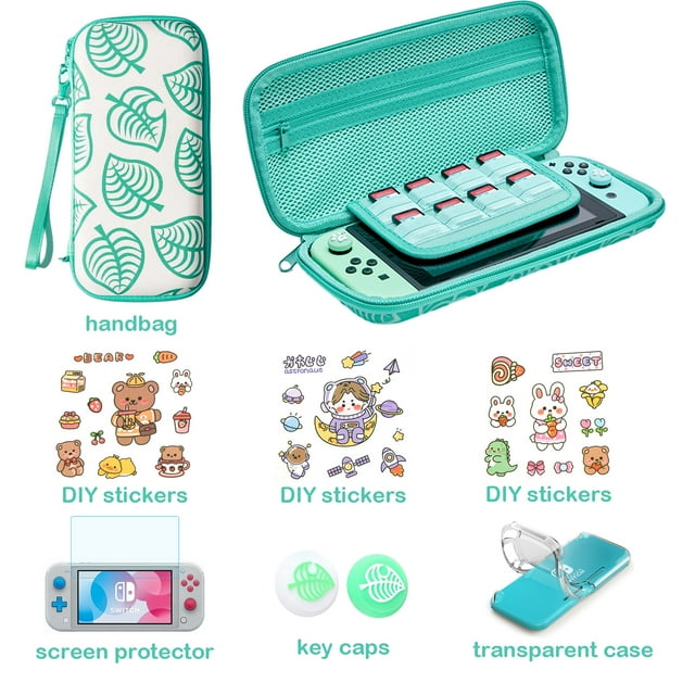 9-in-1 Switch Lite Console Accessory Kit, with Screen Protector, Joystick Keycaps, Transparent Case, DIY Stickers, Carrying Bag, Wrist Strap