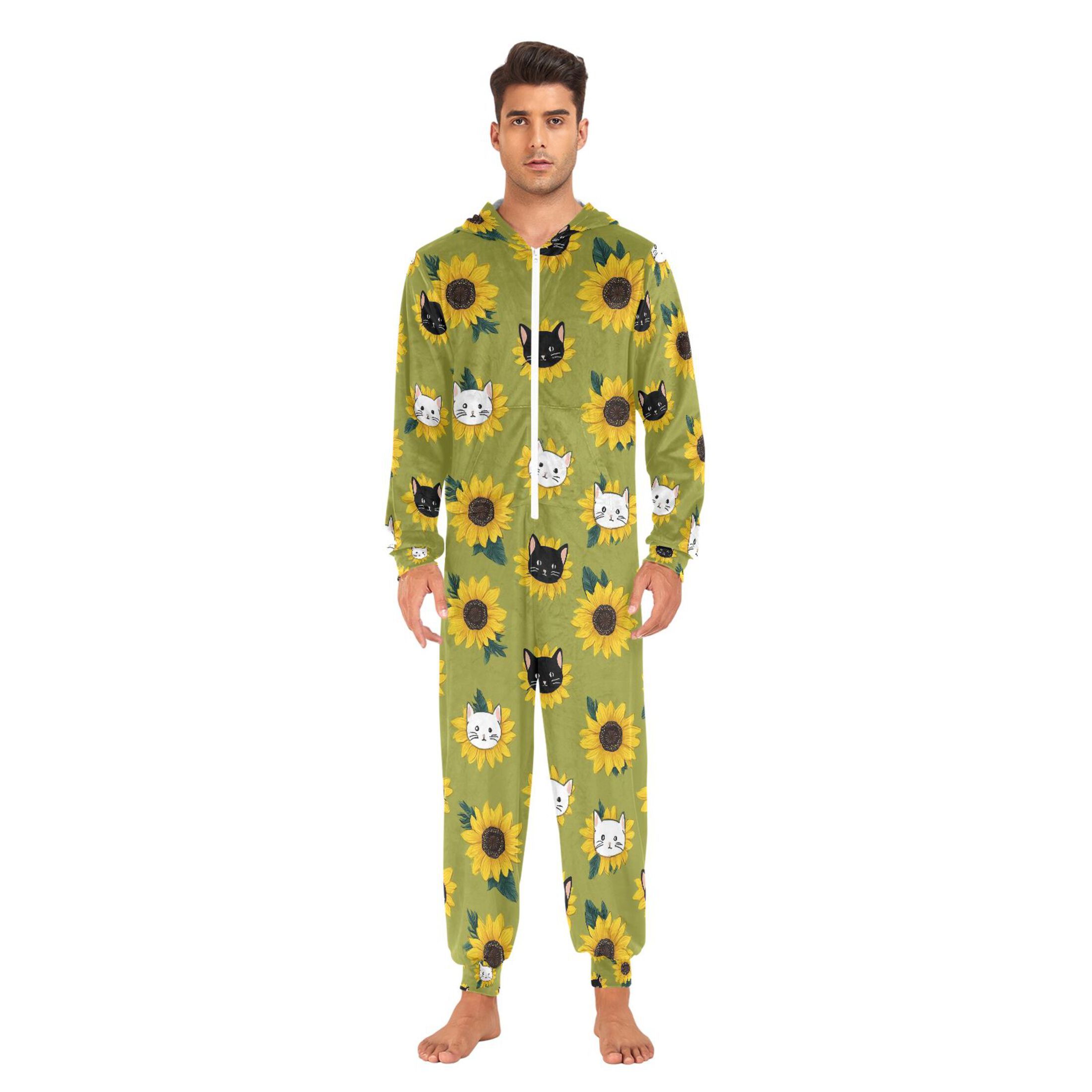 Adult Christmas Onesie Sunflower Flower Black White Cat Adult Zipper One-Piece Pajamas Unisex Pajamas with Pockets