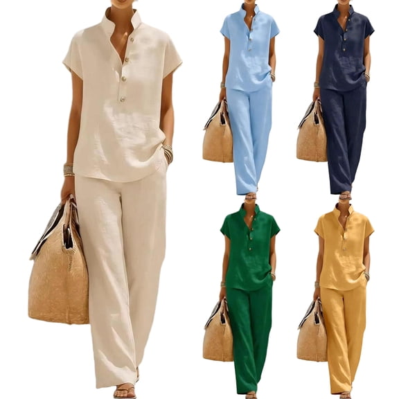 Two Piece Sets for Women Short Sleeve Henley Shirt Wide Leg Pants Set Button Down Lounge Matching Sets for Vacation