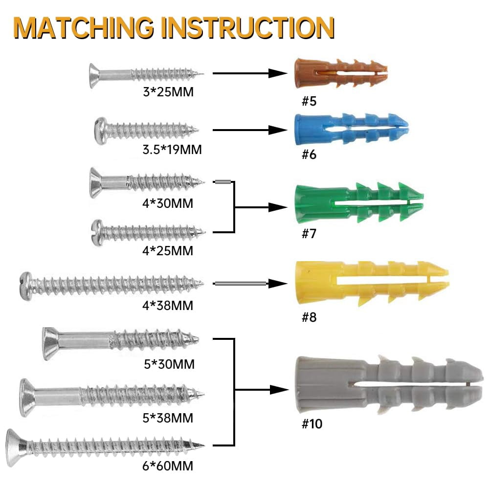 370pcs Drywall Anchors and Screws Assortment Kit, 5 Sizes Wall Anchors and Flat Head Screws, Picture Hanging Set for Wall Art New Home Decor