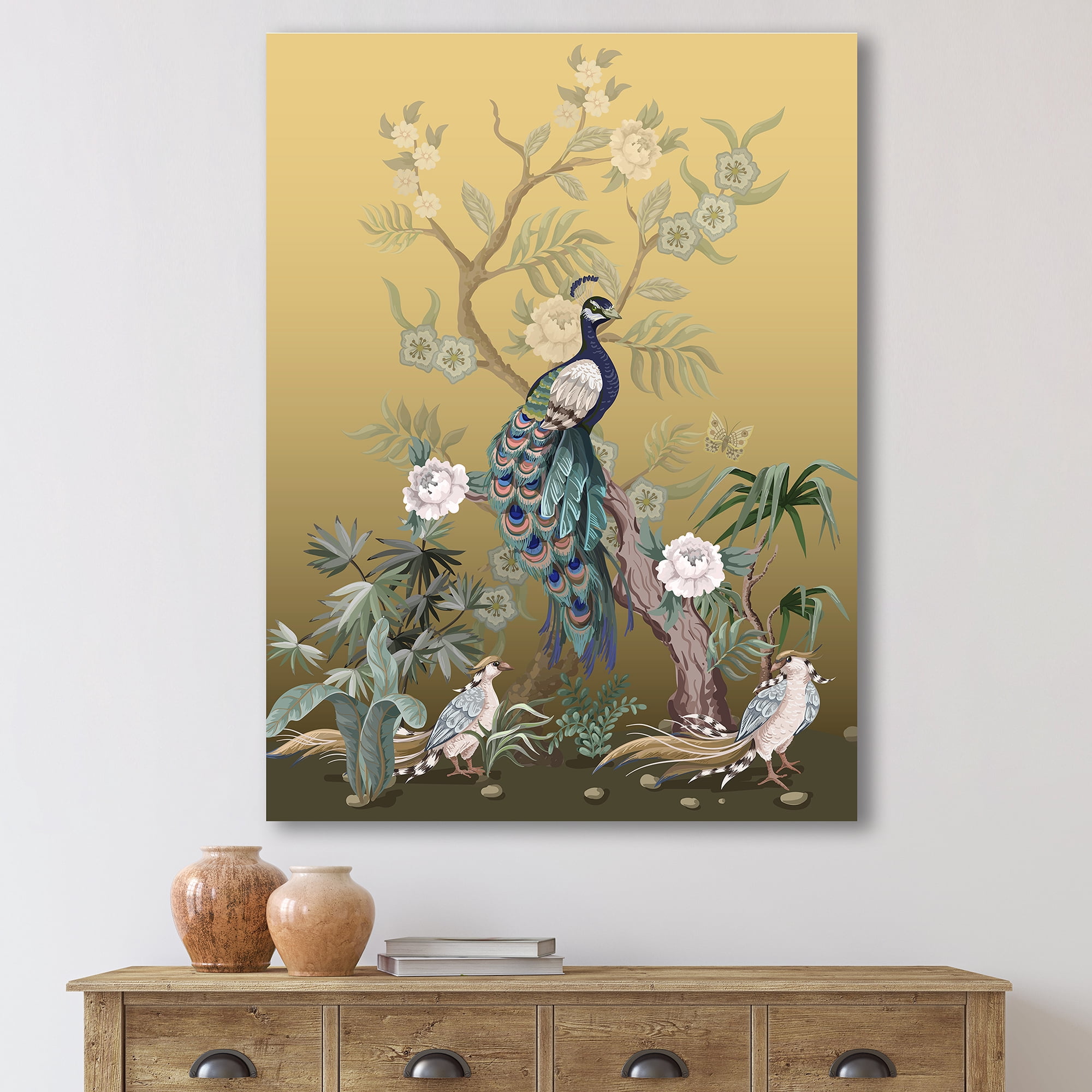 Designart ' Chinoiserie With Peonies and Birds VI ' Traditional Canvas Wall Art Print