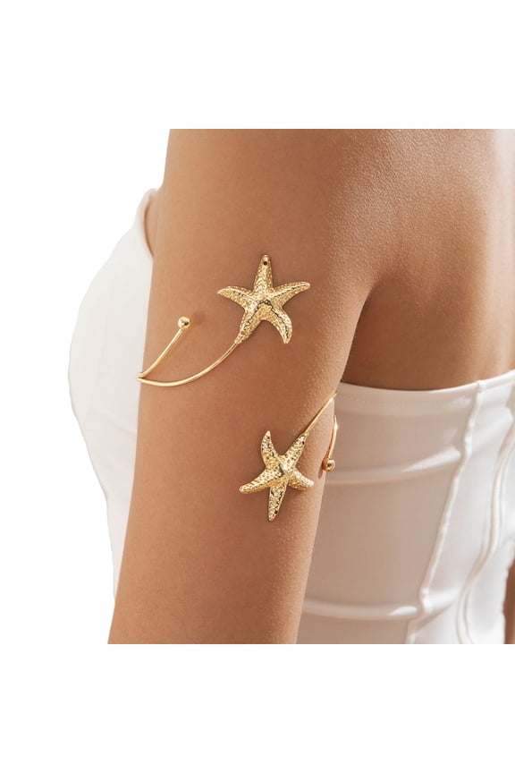 Edgy Metal Starfish Open Cuff Bracelet Adjustable Arm Jewelry For Women Gold Silver