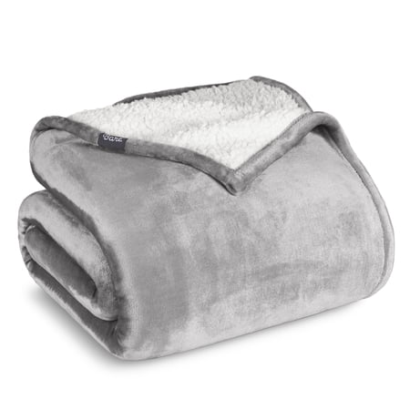 Bare Home Plush Sherpa Bed Blanket - Fluffy & Soft - Reversible - Lightweight - Throw/Travel Light Gray