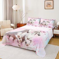 jejeloiu White Horse Twin Sheet Sets,Western Cowgirl Twin Fitted Sheet,Pink Berry Blossom Flat Sheet For Girls Kids,Microfiber Bedroom Decor,3-Piece