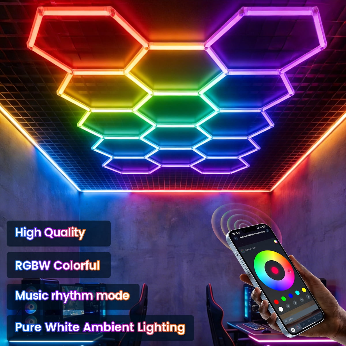 14 Grid RGB Hexagon Lights, DIY 47Pcs Garage LED Panel Light, 356 Color Modes | Music Sync | Smart App & Remote Control LED Ceiling Lights for Gym Bar Gaming Room Garage Lighting Basement Decor
