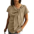 thumbnail image 3 of Women's Bow Tie V Neck Short Sleeve Blouse Casual Linen Tunic Tops Summer Outfit Loose Fit Flowy Work Office Streetwear Vacation Khaki L, 3 of 5