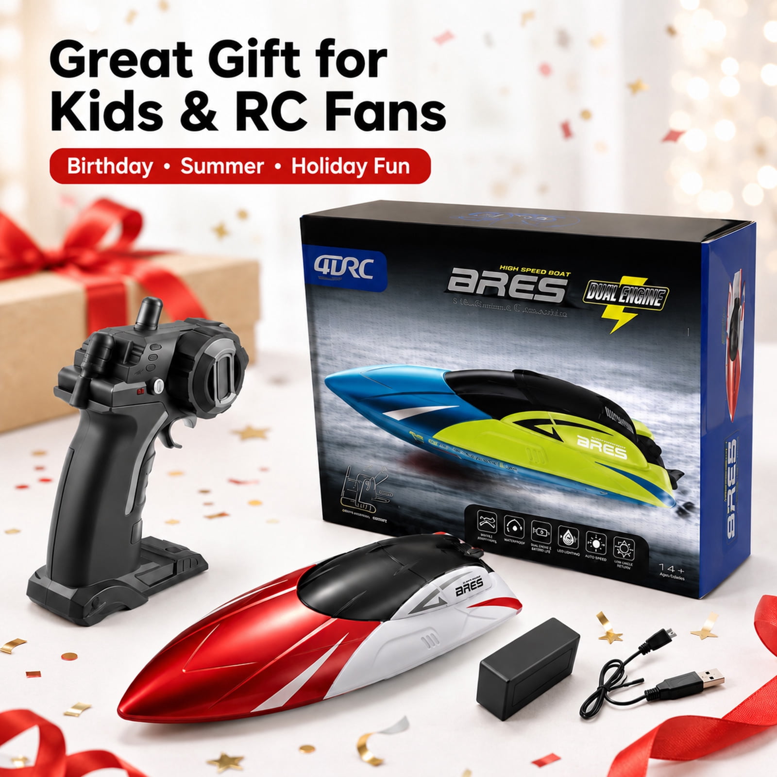 Funtogether toys High Speed RC Boat, 18MPH Fast Remote Control Boats for Pool and Lake, 2.4GHz Waterproof Yacht with 2 Rechargeable Batteries and LED Light for Kids and Adults