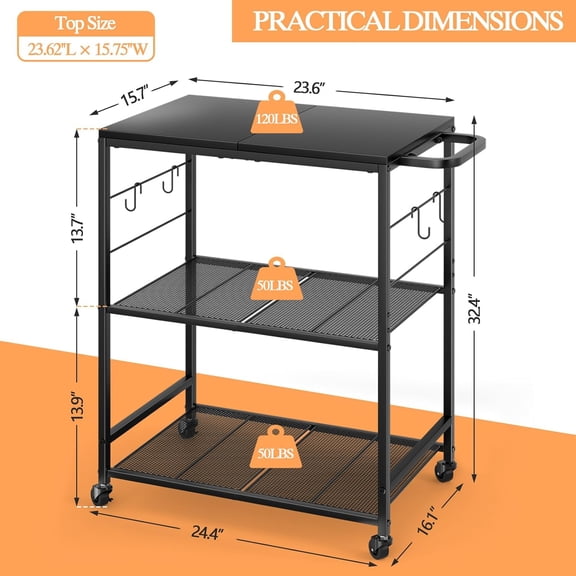 Grill Cart for Outside, 3-Tier BBQ Food Prep Rolling Table Cart