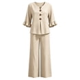 thumbnail image 5 of LEKODE Halter Neck Linen Set for Women 2 Piece Sets Ruffle Tops Boho Tops Flowy Pants for Women Short Sleeves Gauze Shirts Wide Leg Pant Set Linen Pants Set Plus Size Dressy Casual Beige S, 5 of 5