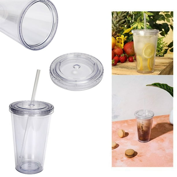 ¡Libre! Taza de agua de plástico transparente de doble capa de 16oz, taza portátil de paja de doble capa