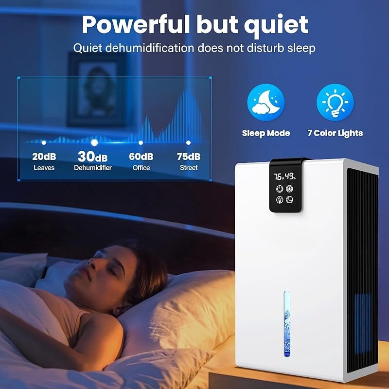 Dehumidifier, Dehumidifiers for Home, 98 OZ Water Tank (1000 sq.ft) Quiet dehumidifiers for Basement Bedroom Bathroom with Auto Shut Off, Humidity monitoring, 7 Colors LED Light(White)