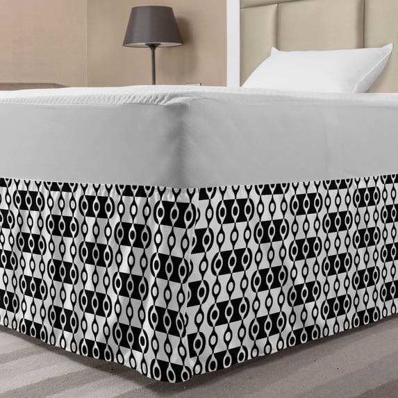 Abstract Bed Skirt, Monochrome Stripes Oval Shapes Geometric Illustration Minimalist Modern Art, Elastic Bedskirt Dust Ruffle Wrap Around for Bedding Decor, 4 Sizes, Black and White, by Ambesonne