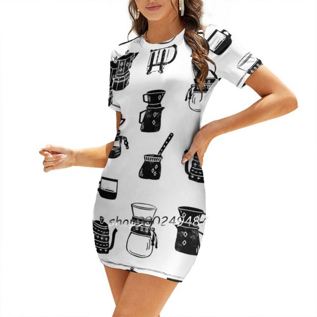 Cafetières Espresso Linogravure Noir et Blanc Robe Minimaliste Col Carré Imprimé Mignon Robes Élégantes Fête à la Plage
