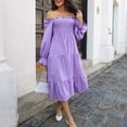 thumbnail image 3 of Vestido de manga larga con farol para mujer, hombros descubiertos, pecho fruncido, manga con volantes, dobladillo de color sólido, vestido morado XL, 3 of 6