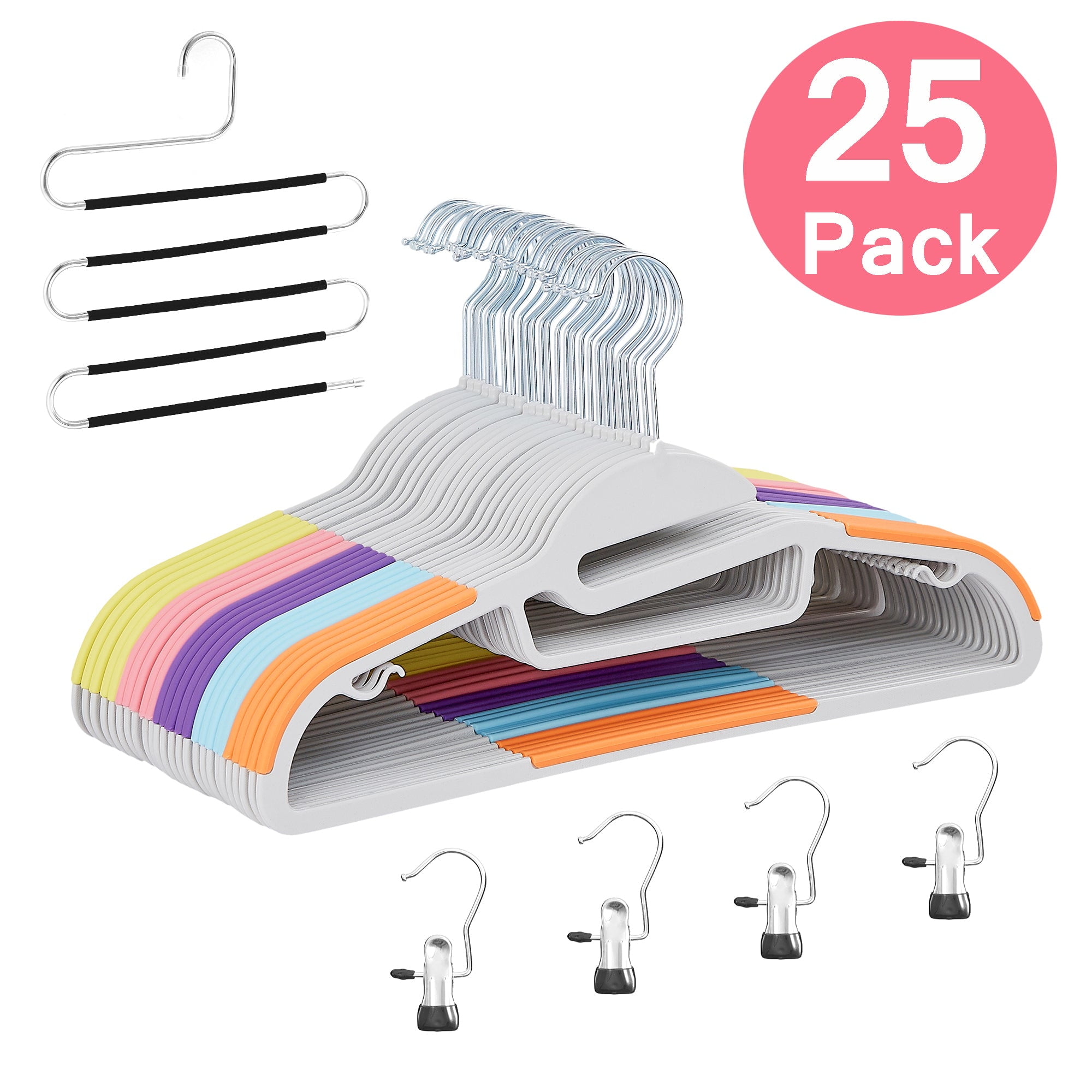 VECELO 25 Pack Heavy Duty Plastic Hangers, 360º Swivel Hook Coat Hangers, Non-Slip, Space-Saving, Multicolor