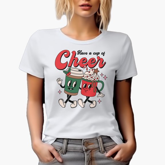 Have a Cup of Cheer, Retro Christmas Season Art Merch Gift, White T-Shirt, Small