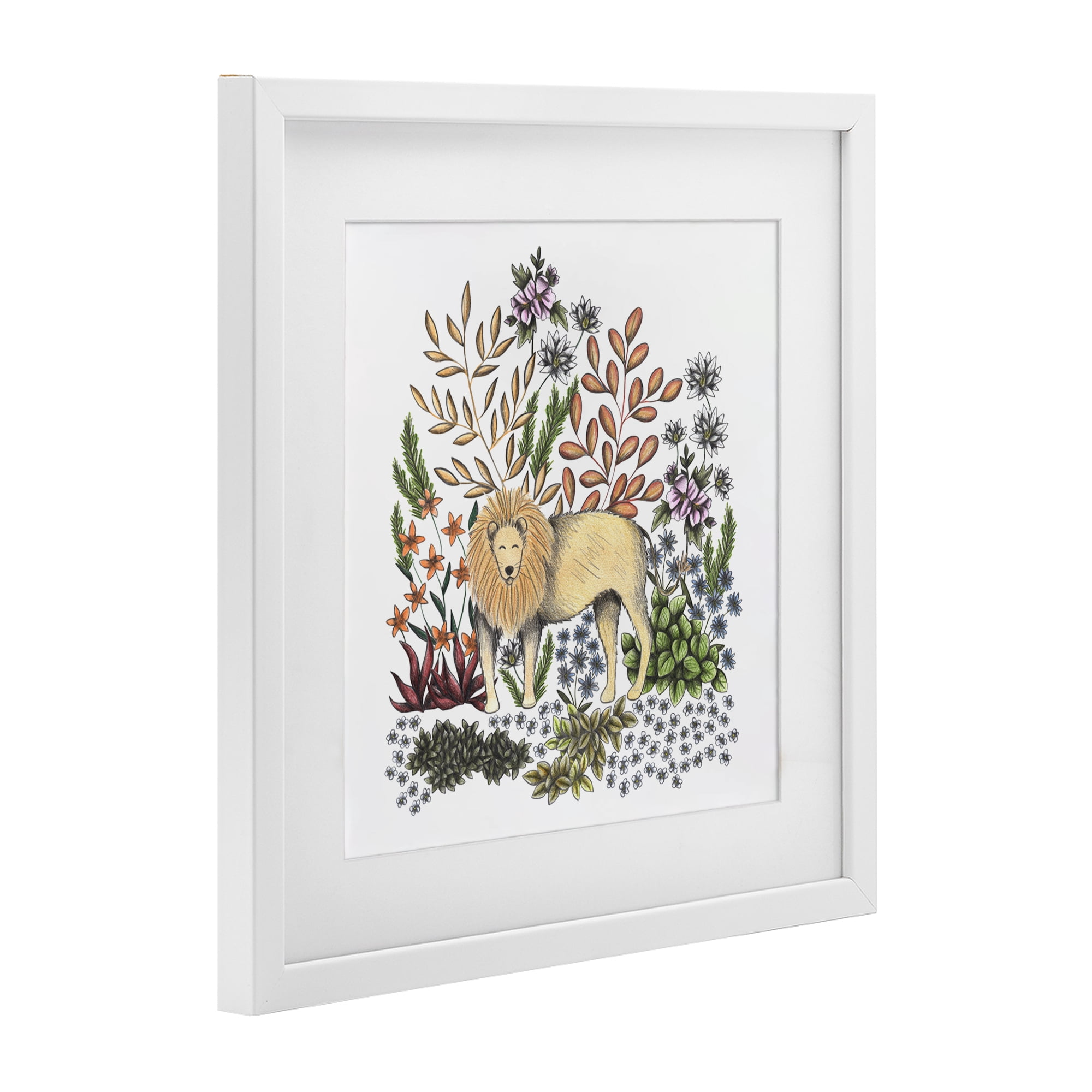 Jungle Wildlife Lion White Framed Print Under Glass, design by Cecilia Battaini