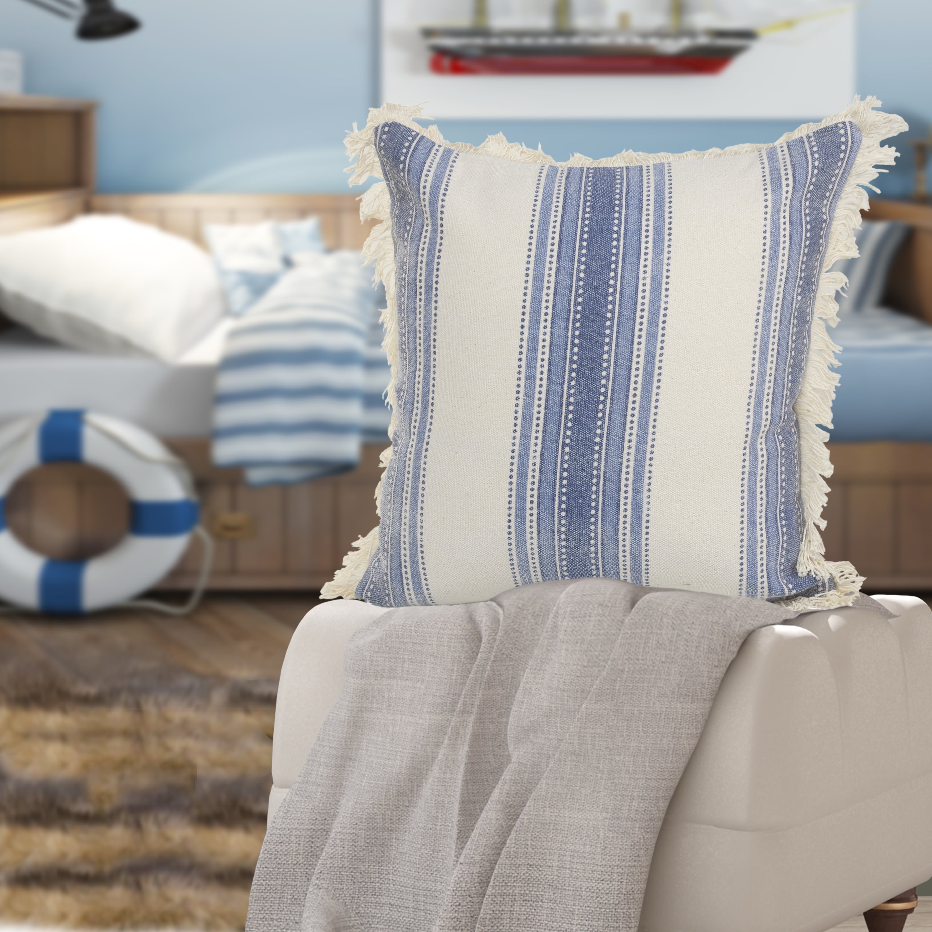 Ox Bay Surey Navy/Ivory Striped Cotton Adult Decorative Throw Pillow