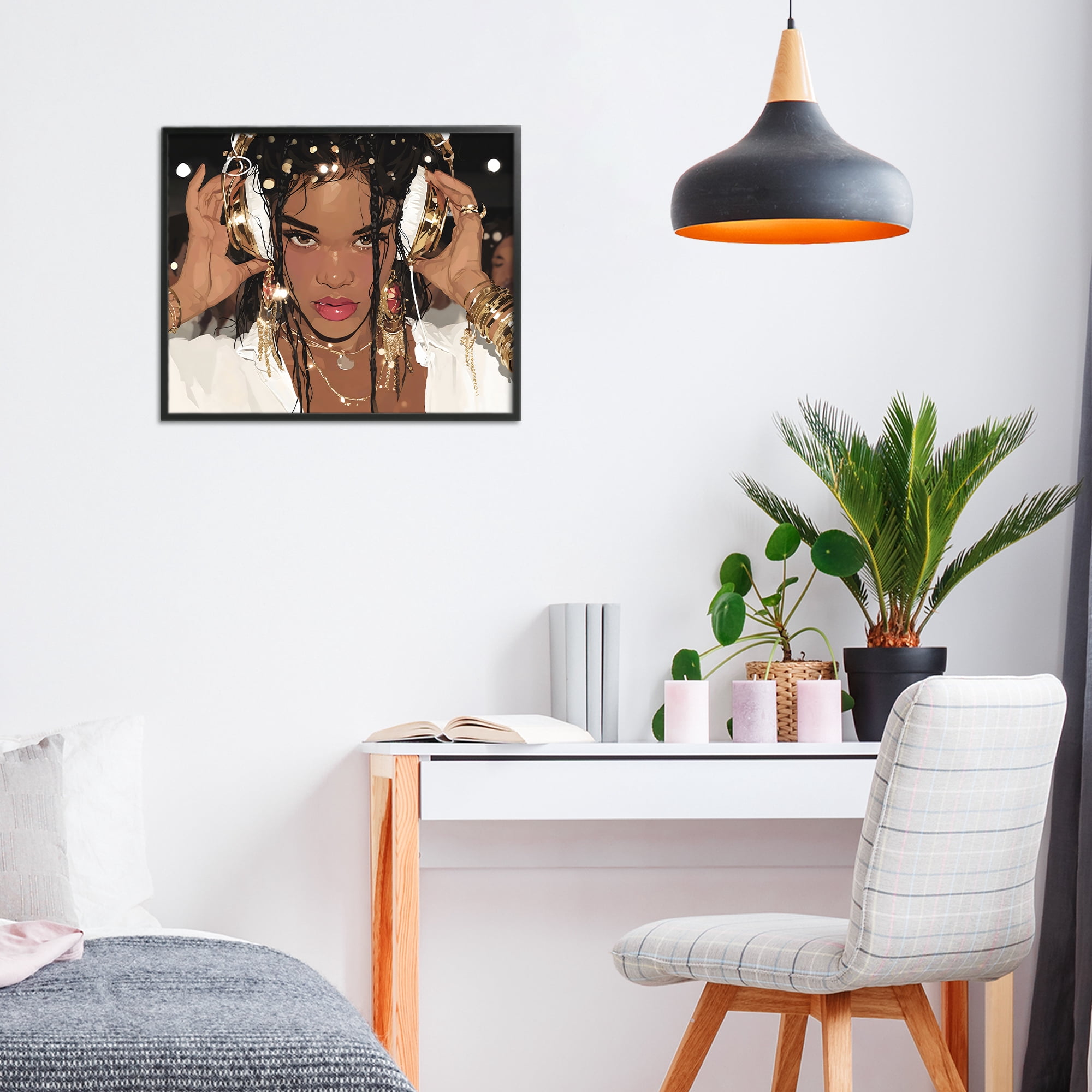 Stupell Industries Gold Headphones Glam Female Black Framed Giclee Art, design by Franklyn Gregory