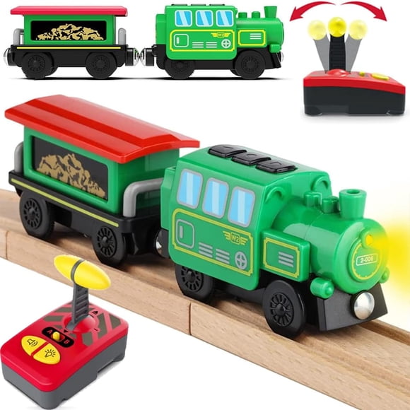 HYPERLIVING Juego de Trenes Locomotora con Batería para Vías de Tren de Madera, Potentes Vehículos de Tren de Motor, Vagones de Control Remoto Eléctricos con Luz y Sonido, Juguete de Tren, Regalo para