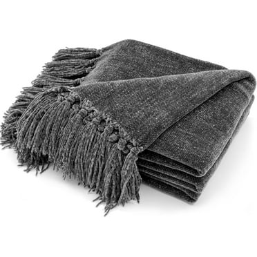 Throw Blanket Soft Cozy Chenille Throw Blanket with Fringe Tassel for Couch Sofa Chair Bed Living Room Gift (Dark Gray, 50" x 60")