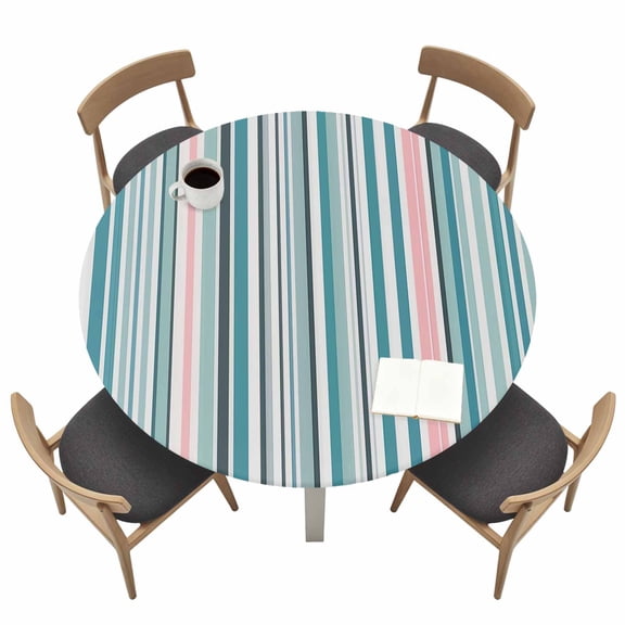 Colored Stripes Fitted Tablecloth with Elastic Edged, Round Table Cloth for Dining Table, Modern Abstract Pink Blue Turquoise Lines Waterproof Oil Proof Table Cover for Indoor Outdoor 36"-44"