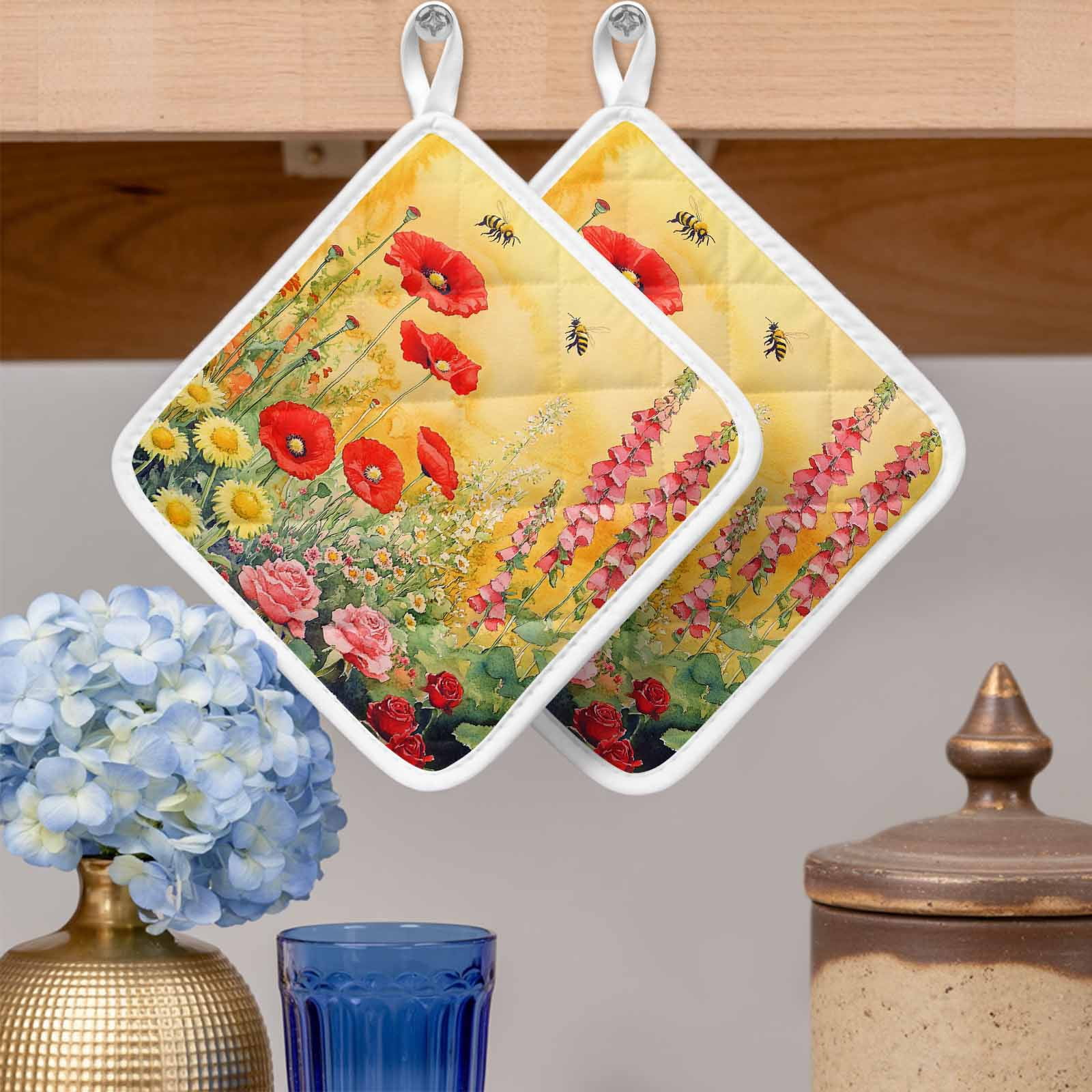 Poppy Botanical Pot Holders for Kitchen Heatproof Potholder, 5 Pack Vintage Floral Yellow Ombre Hot Pads Multipurpose Oven Pads Cloth Potholders Trivet for Cooking Baking