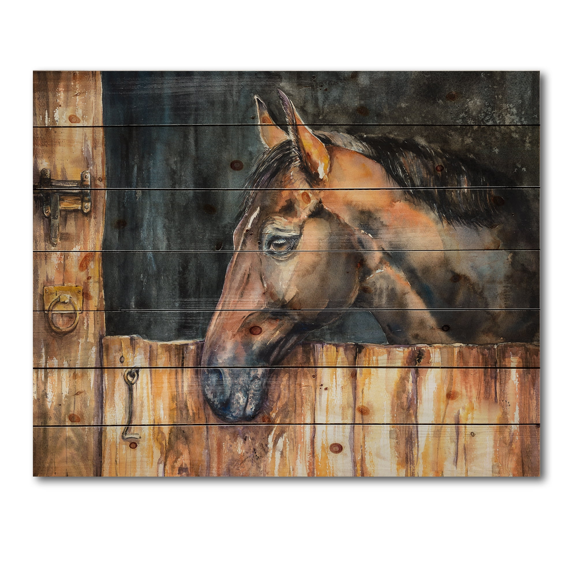 Designart 'Close Up Of The Head of A Horse In Stable' Farmhouse Print on Natural Pine Wood