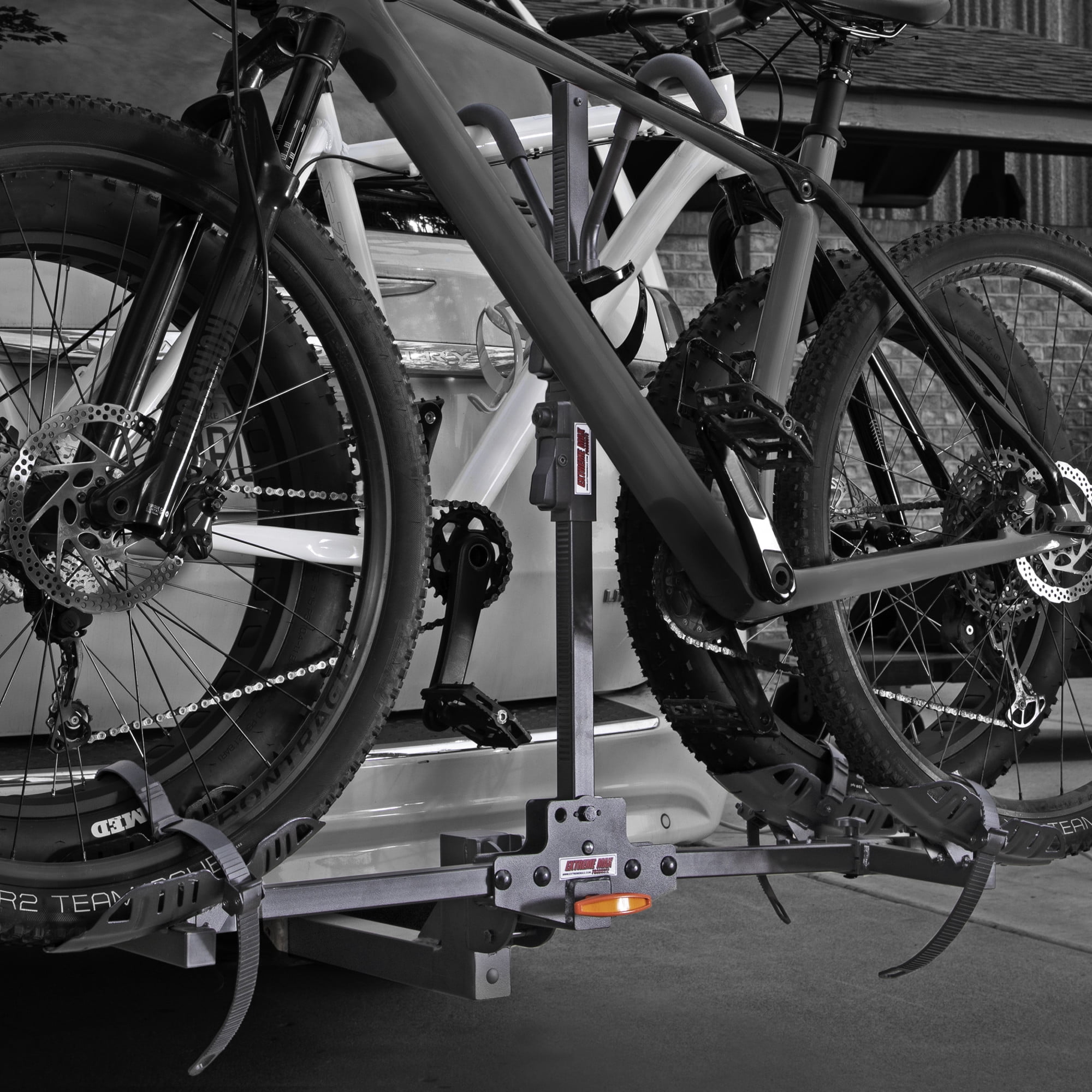 Extreme Max 5001.6412 Hitch-Mount Locking Adjustable 2-Bike Rack with Steel Wheel Trays, Tiltable & Collapsible ​- Fits 2" Receiver