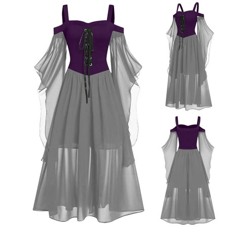 Womens s Medieval Renaissance Costume Cosplay Dress Long Sleeve Cold Shoulder Steampunk Gothic Victorian Corset Dress Womens Plus Size Solid Lace Up Halloween Dress  Purple XXXL