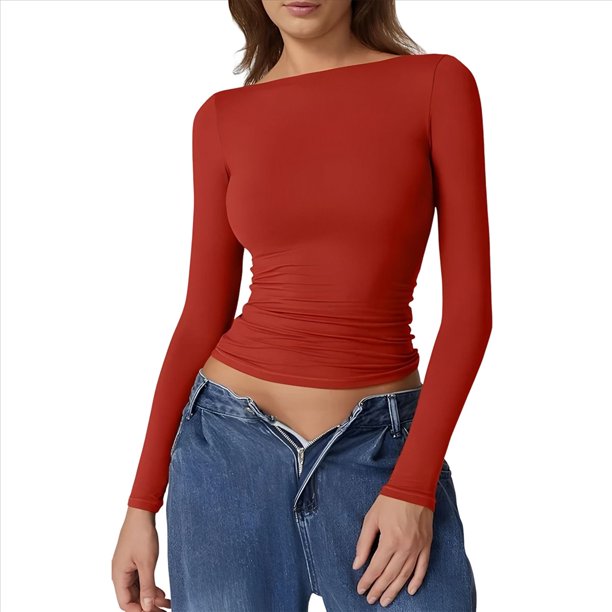 Camisa de Larga con Cuello Redondo para Mujer, Básica, con Doble Forro y Fruncido Lateral, para Salir Rojo M