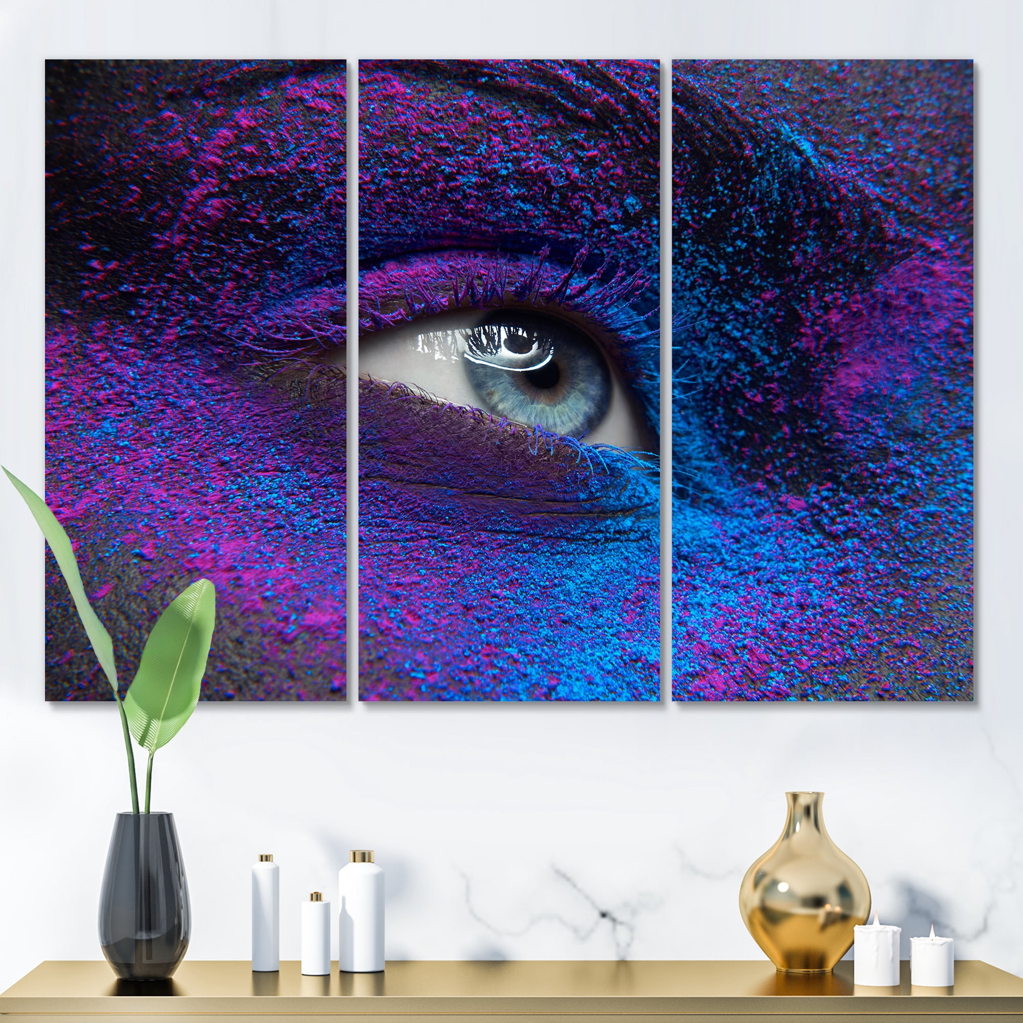 Designart ' Woman Eye With Dry Paint Dust Pigment On Face ' Modern Canvas Wall Art Print