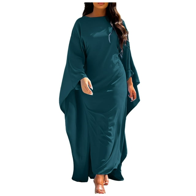 2025 Robe de Soirée en Satin Robe de Patinage S 10 Robe Abaya Femmes Musulmanes Polyester Chiffon Foulard Élégant Uni Col Rond Mousseline Bouffante Manches Chauve-Souris Ample Robe Maxi