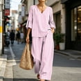 thumbnail image 4 of Mifsaly 2 Piece Lounge Set Women Casual V Neck Tops and Flowy Wide Leg Palazzo Pants Comfortable Outdoor Casual Vacation Matching Outfits with Pockets Pink,L, 4 of 7