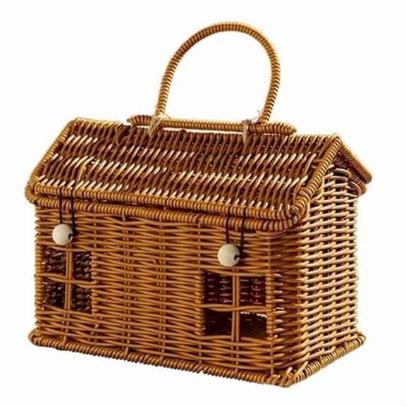 Rattan House Shaped Basket with Lid, Decorative Hand Woven Shelf Organizer Folding Handle, Harvest Wicker